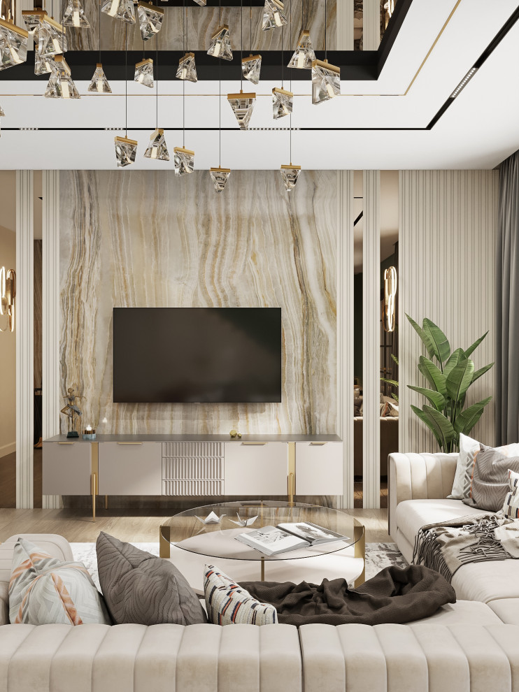 Просторная гостиная с акцентным потолком