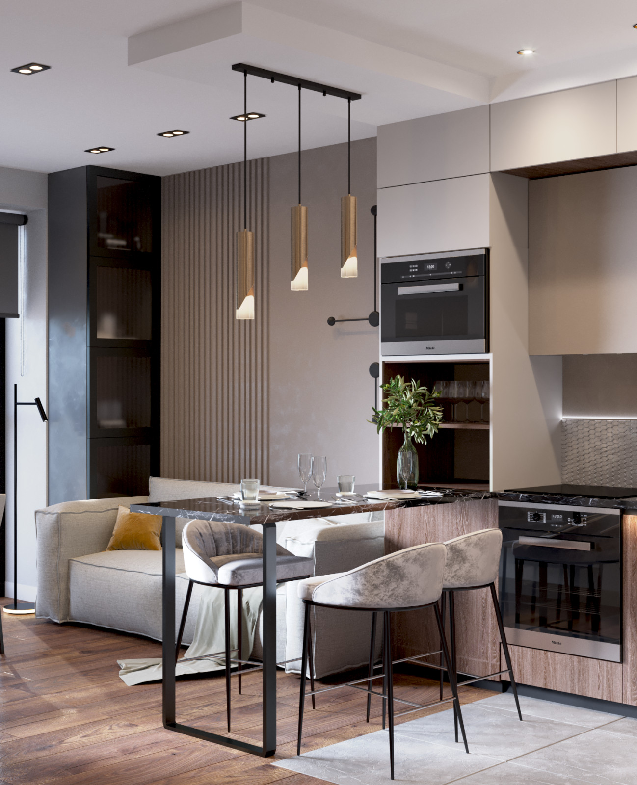 Кухня-гостиная в однокомнатной квартире в ЖК "Селигер Сити"