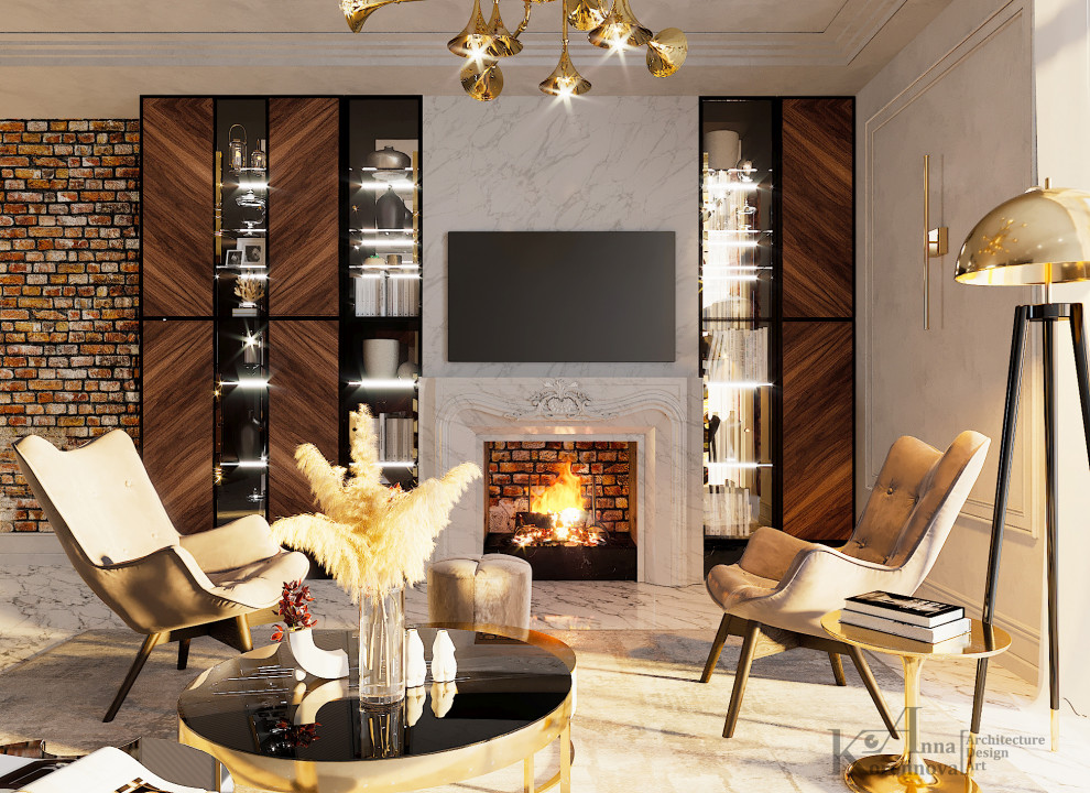 Интерьер кухни-столовой-гостиной в коттедже Дом с двумя соснами