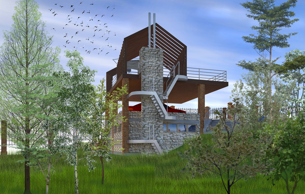 Навес для трёх авто на рельефе с цокольным этажом в Велегож- парк 2 Тульской обл