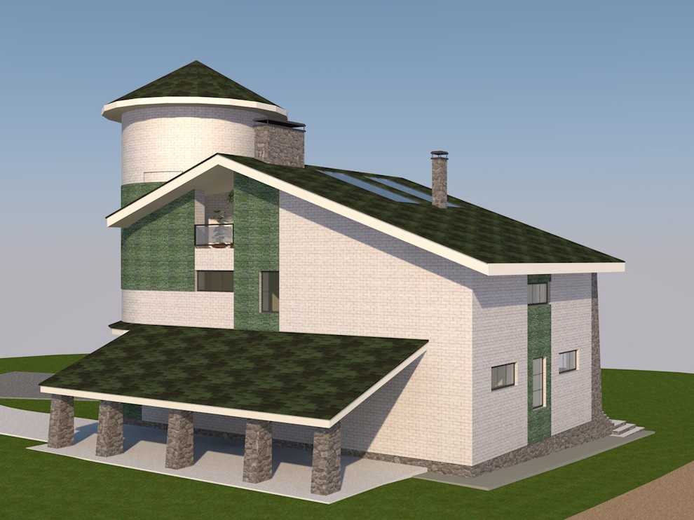 18-080 Трехэтажный жилой дом с башней и террасой под крышей