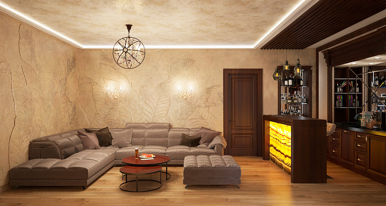 Цокольный этаж загородного дома, зона для отдыха