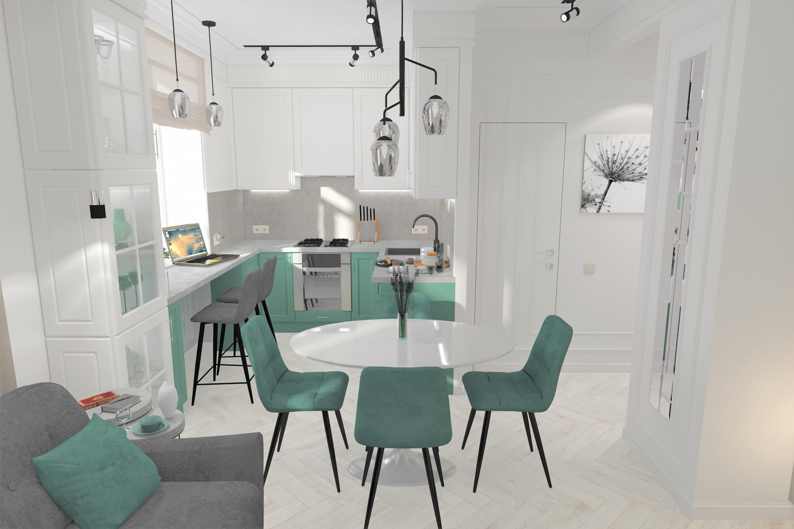 Визуализация части квартиры. Кухня гостиная 18 м2.