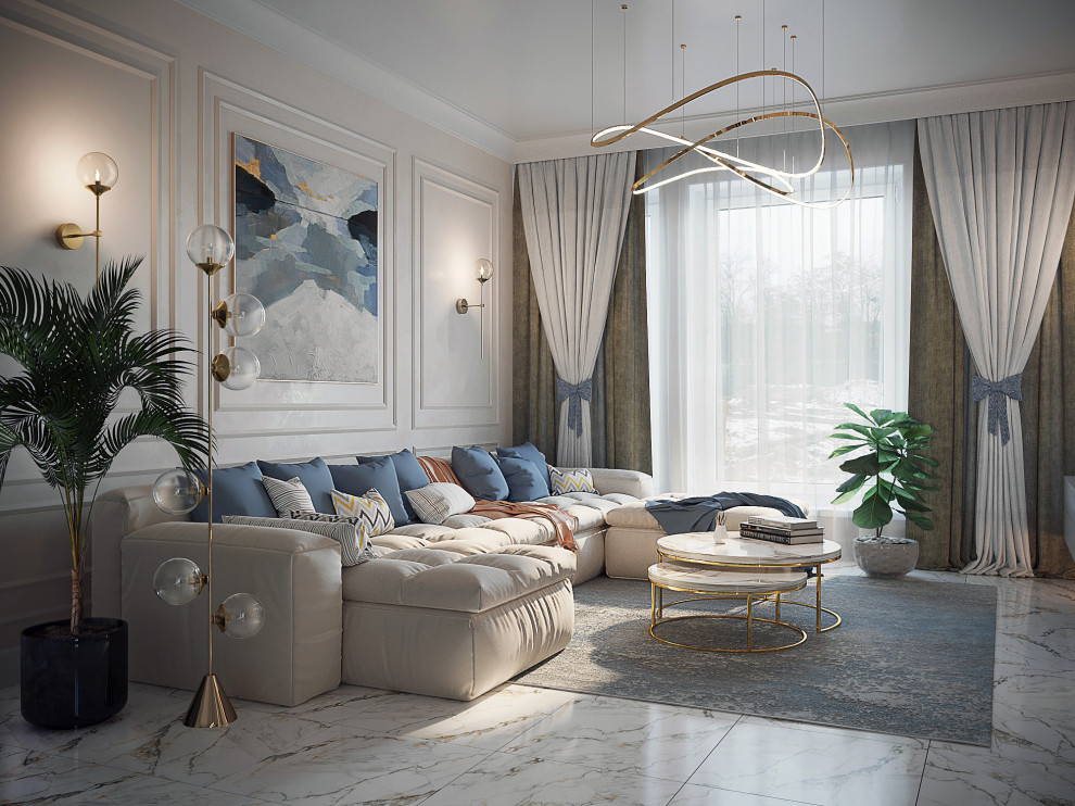 Обложка проекта: Гостиная-кухня-столовая в стиле "Современная классика". Частное домовладение.