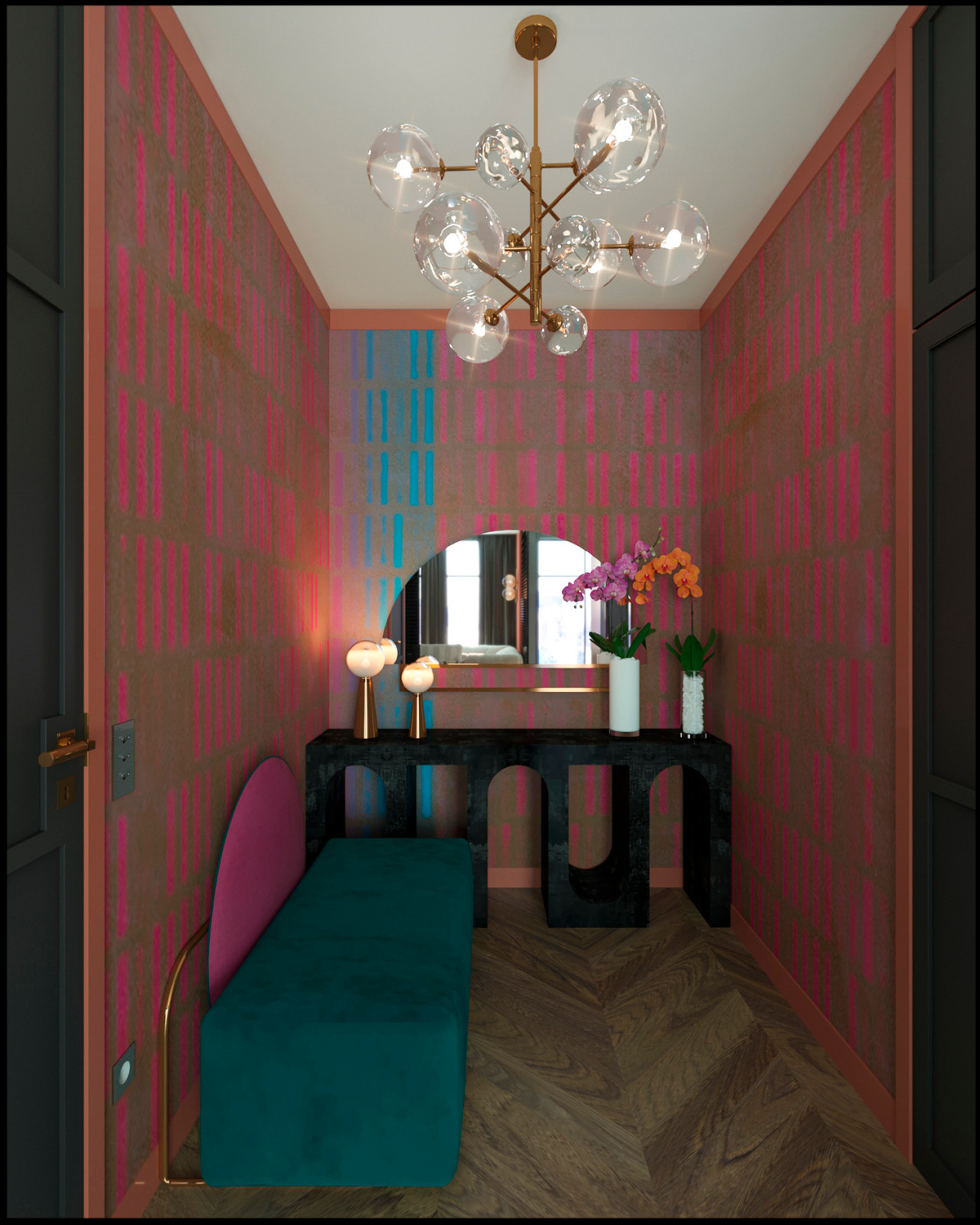 Обои с оригинальным принтом в дизайне прихожей в ЖК "ЗИЛАРТ"