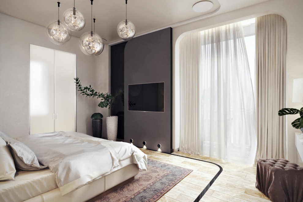 Дизайн спальни с мастер-санузлом в коттедже в современном авторском стиле