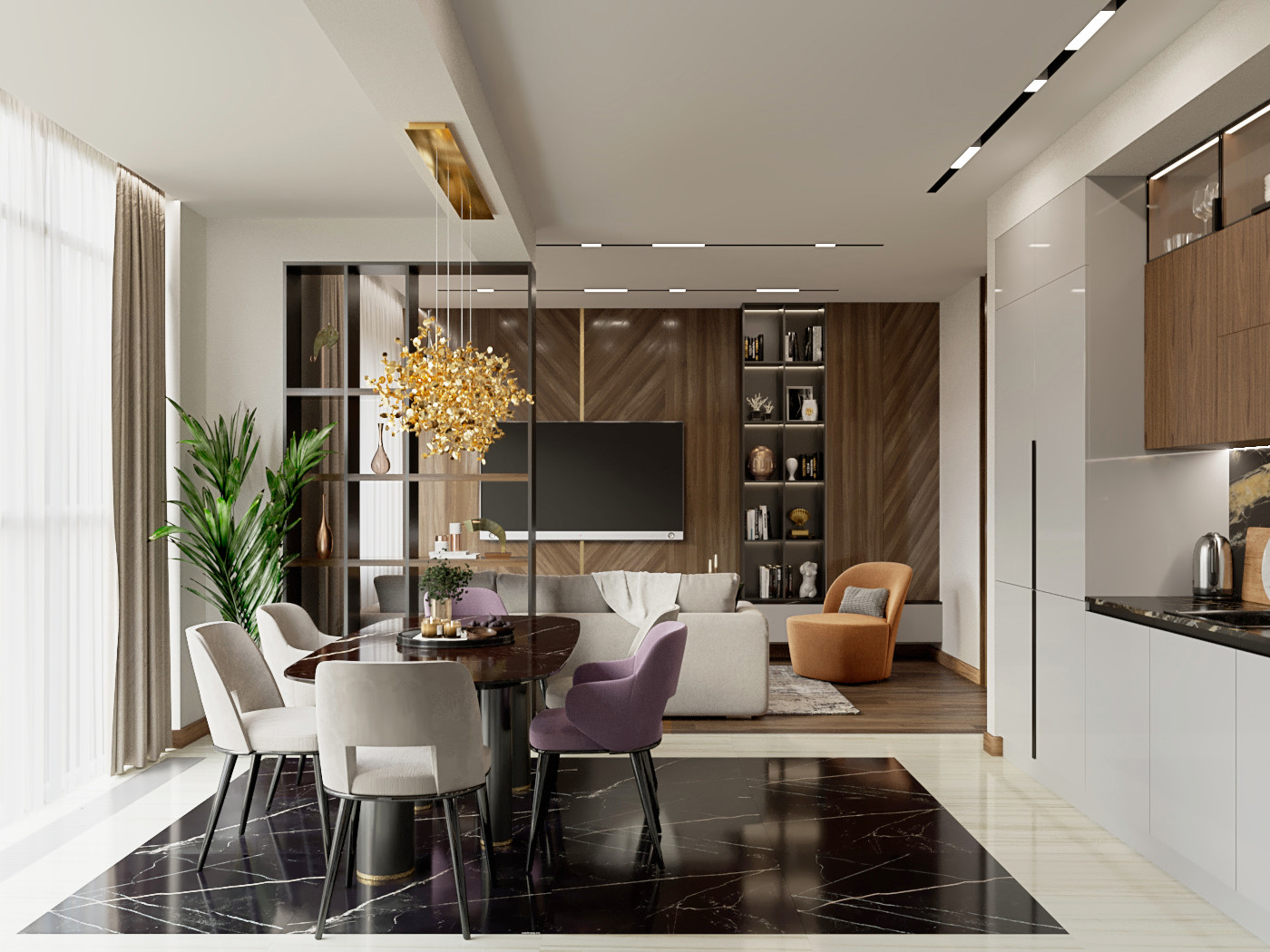 Современная городская квартира с панорамным остеклением в стиле ар-деко