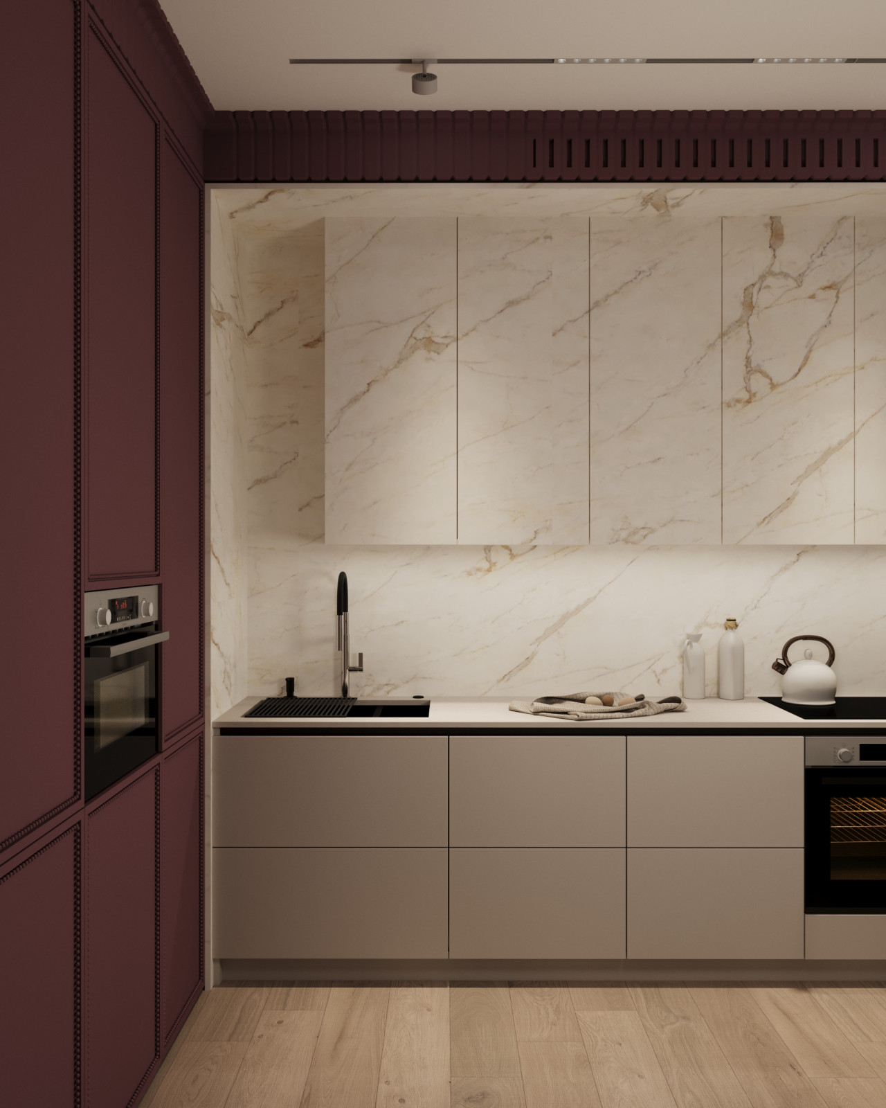 Кухня-гостиная с нотками бордо