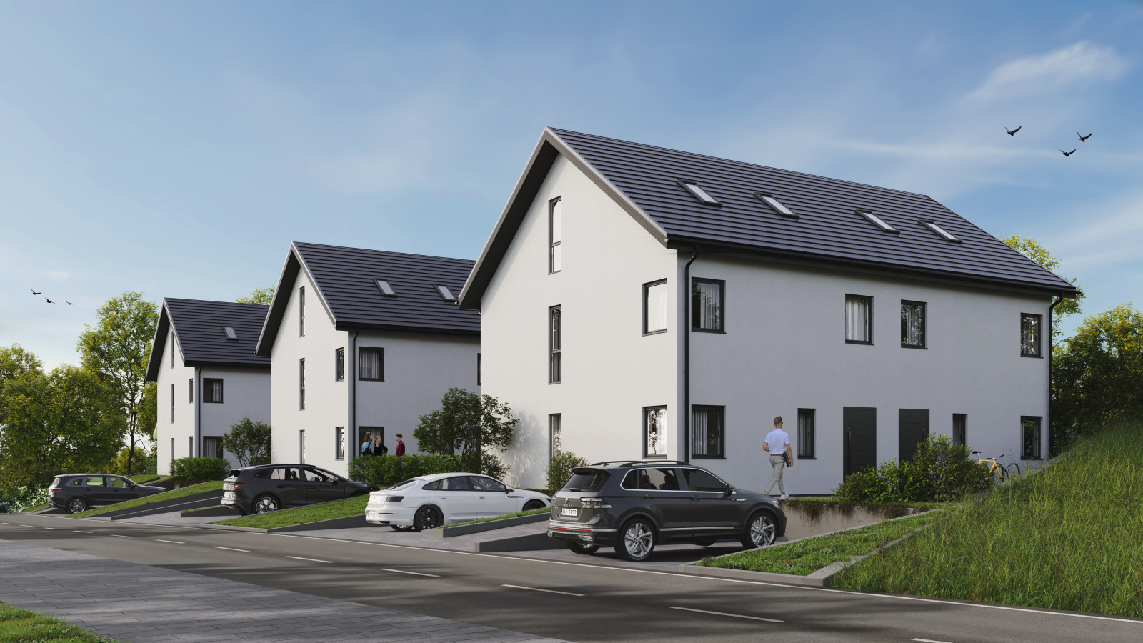 Seitenansicht des Hauses und des Parkplatzes