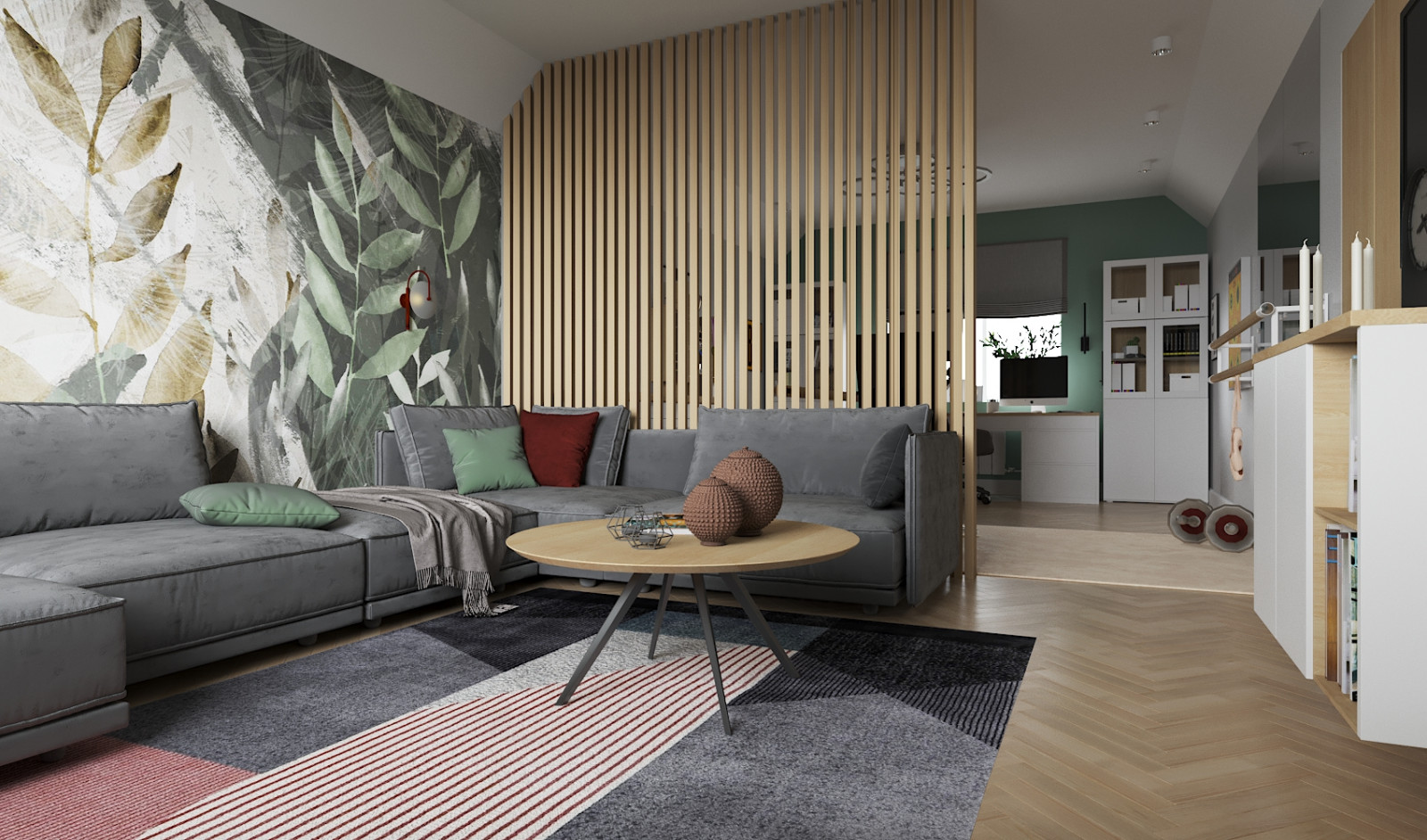 Кабинет, спортуголок и гостевая зона на чердаке дома