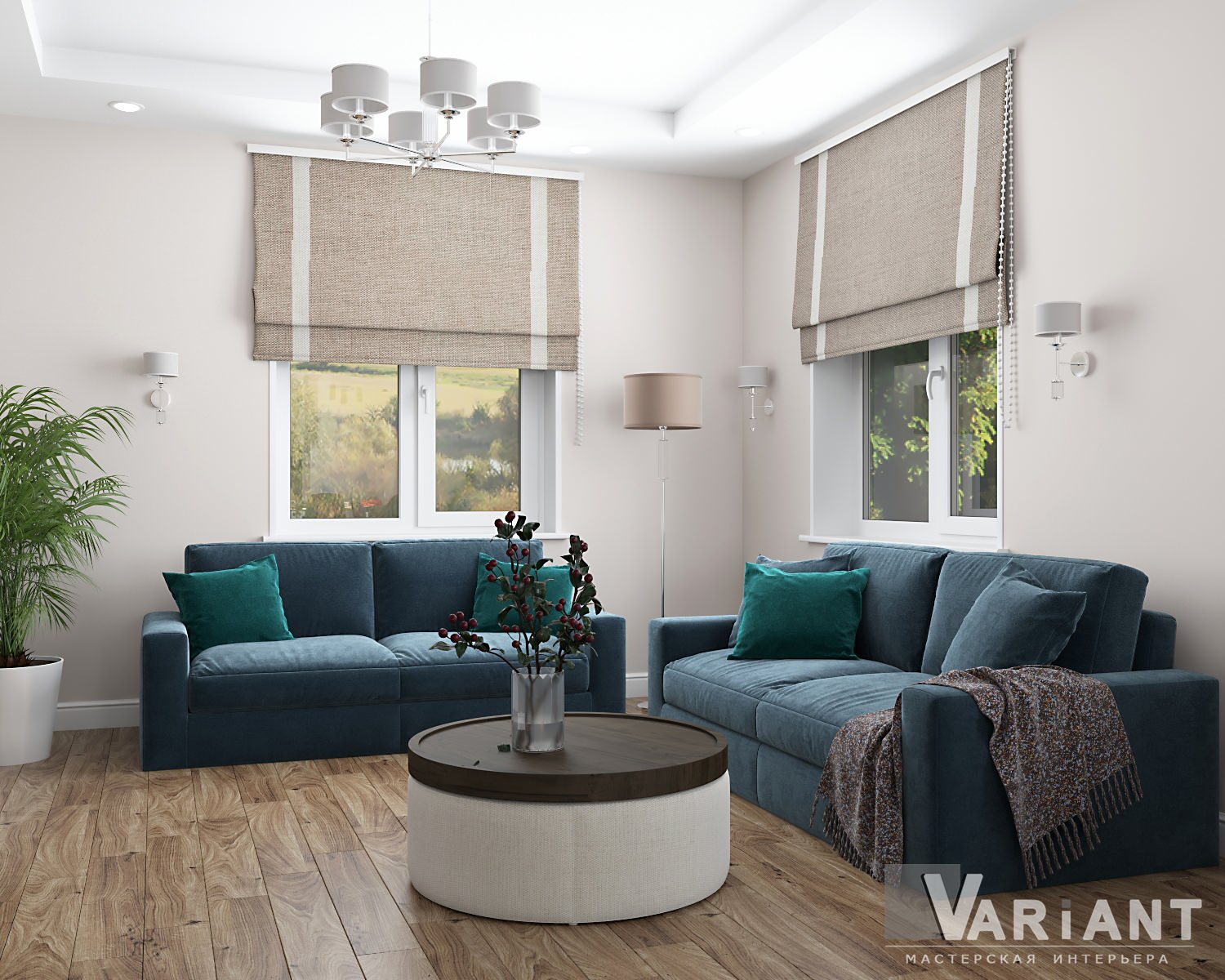 кухня-гостиная с синими диванами