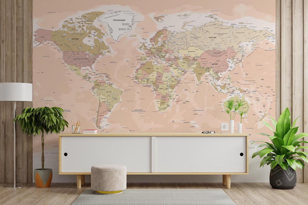 Фотообои Карта мира подробная бежевая