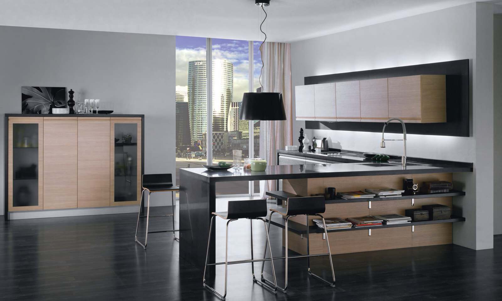 Кухня Пиано с интегрированной ручкой в фасад. Материал шпонированный МДФ