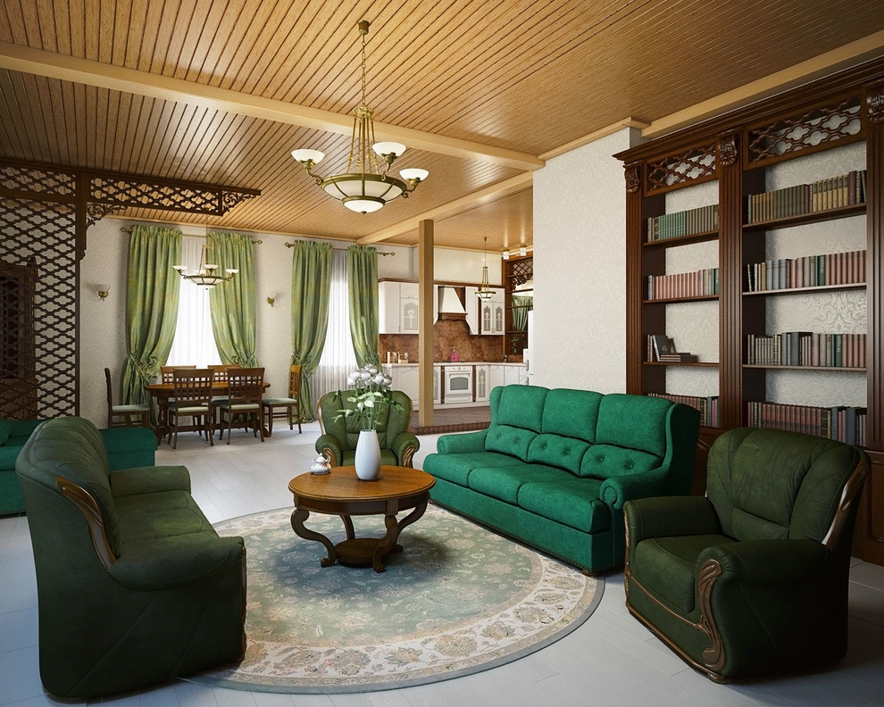 Русская усадьба | Интерьер первого этажа загородного дома, 84 м2