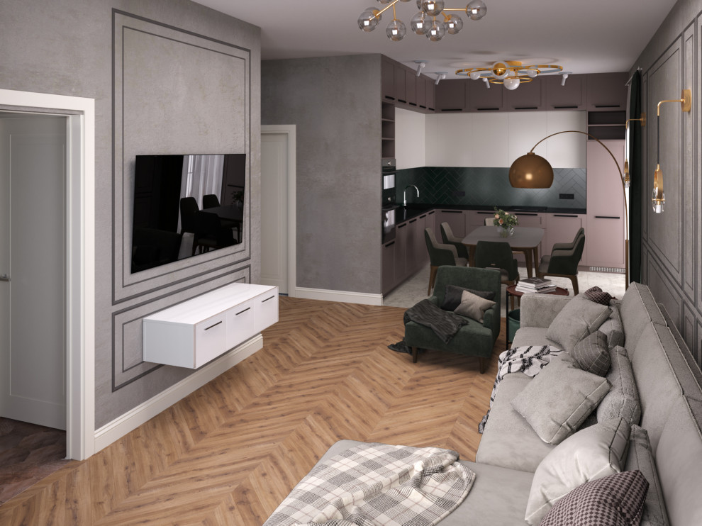 Визуализация кухни-гостиной и спальни в коттедже