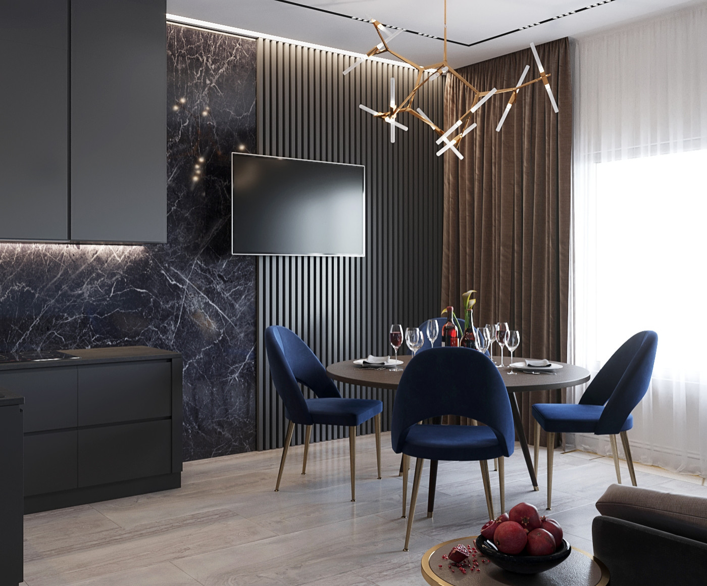 Кухня-столовая в темных тонах