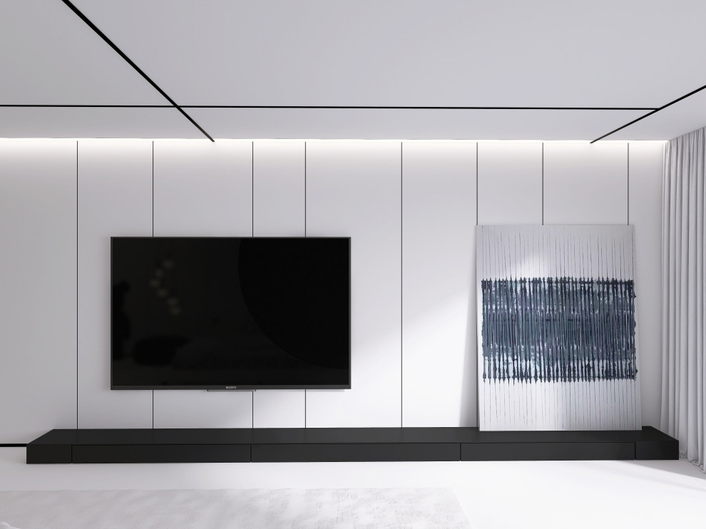 Белая спальня в стиле минимализм.  Основная чертами этой спальни это большая гар