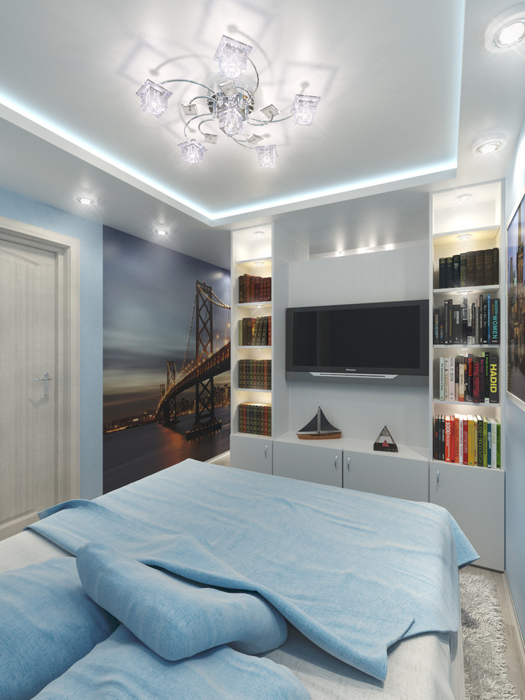 Уютная и многофункциональная комната в голубых тонах.