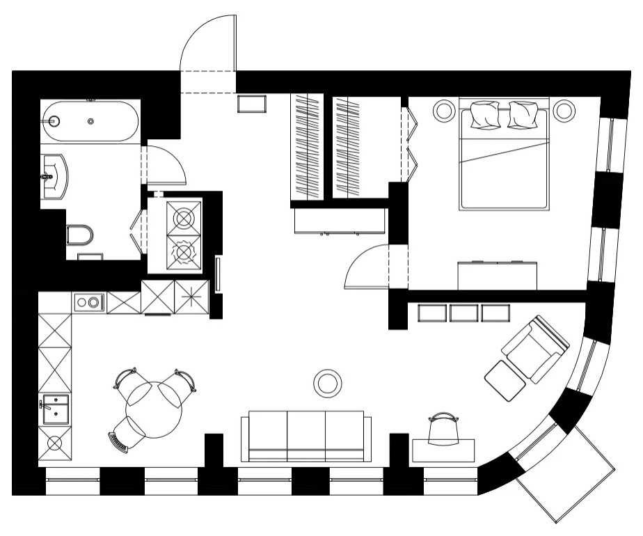 Houzz тур: Квартира с радиусной стеной и невысокими потолками