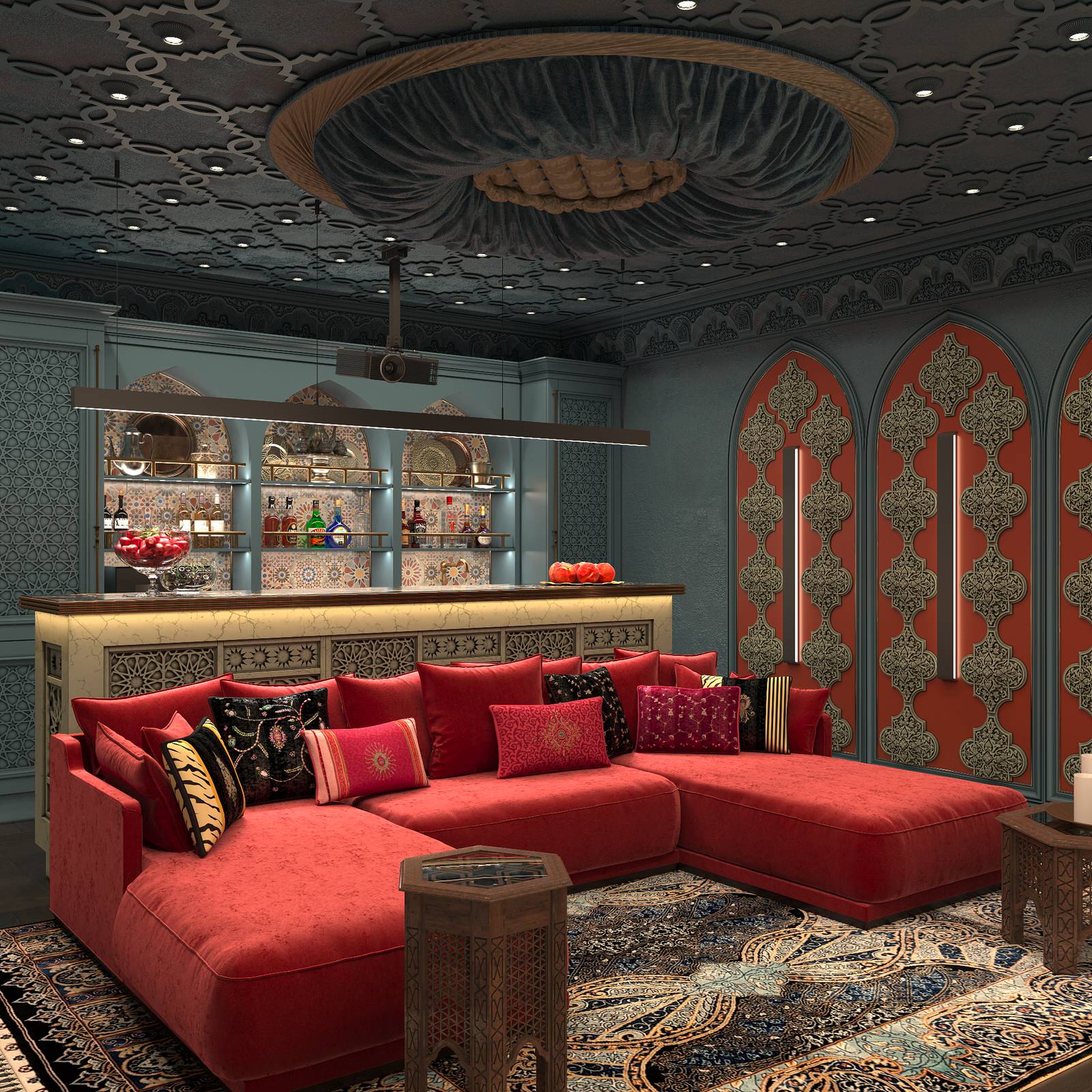 Интерьер Кинозала в цокольном этаже загородного дома в Восточном стиле