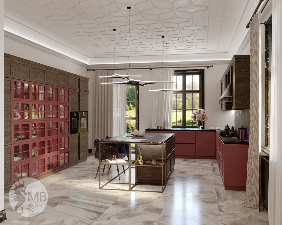 Элегантная кухня-гостиная в частном доме.