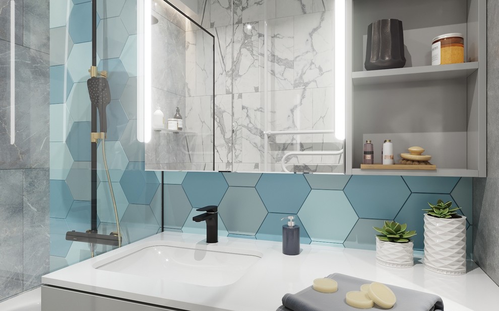 Плитка сотами в дизайне ванной.