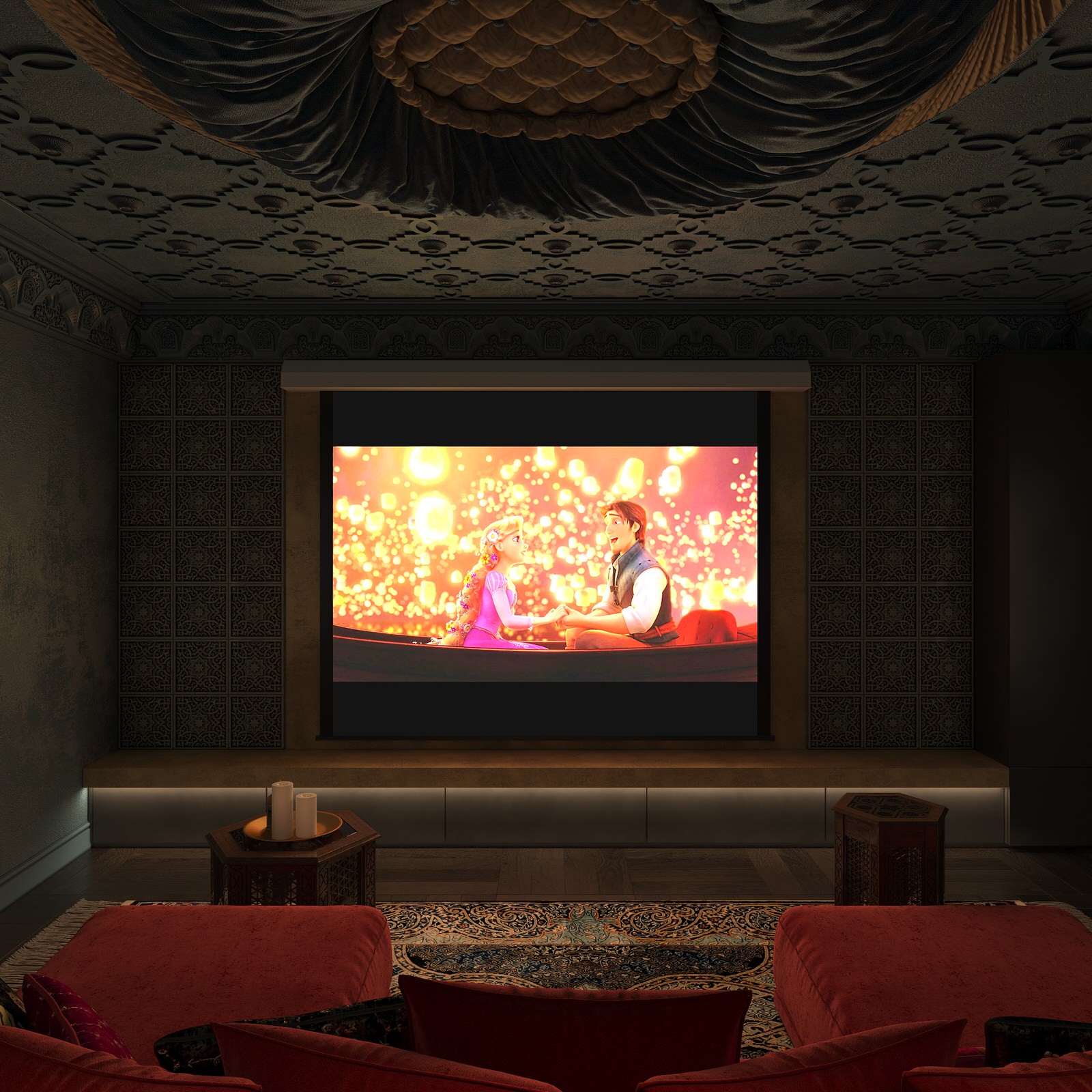 Интерьер Кинозала в цокольном этаже загородного дома в Восточном стиле