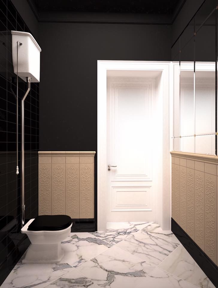 Желто-черная ванная в стиле арт-деко