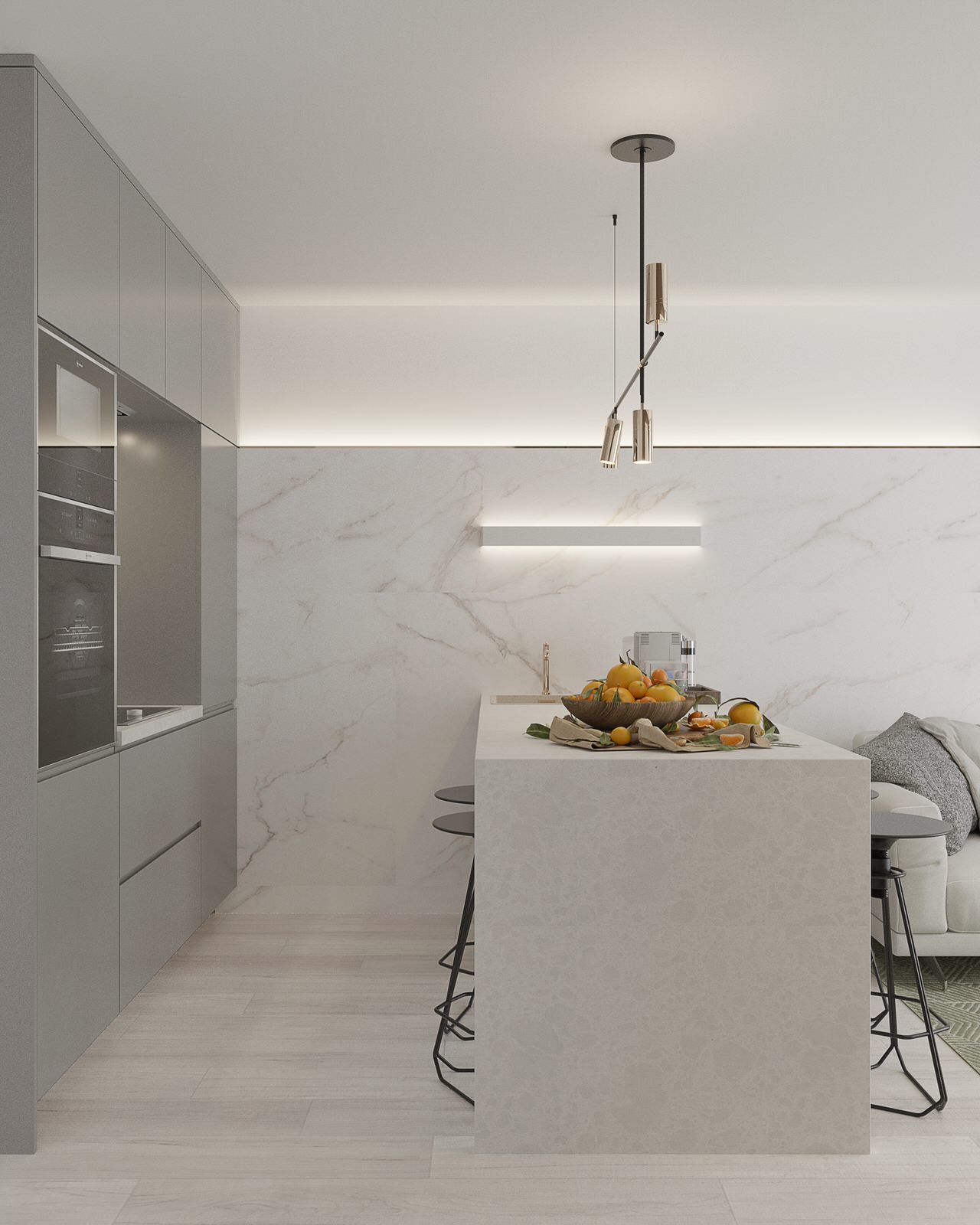 Дизайн интерьера маленькой кухни с барной стойкой, диваном и ТV зоной.