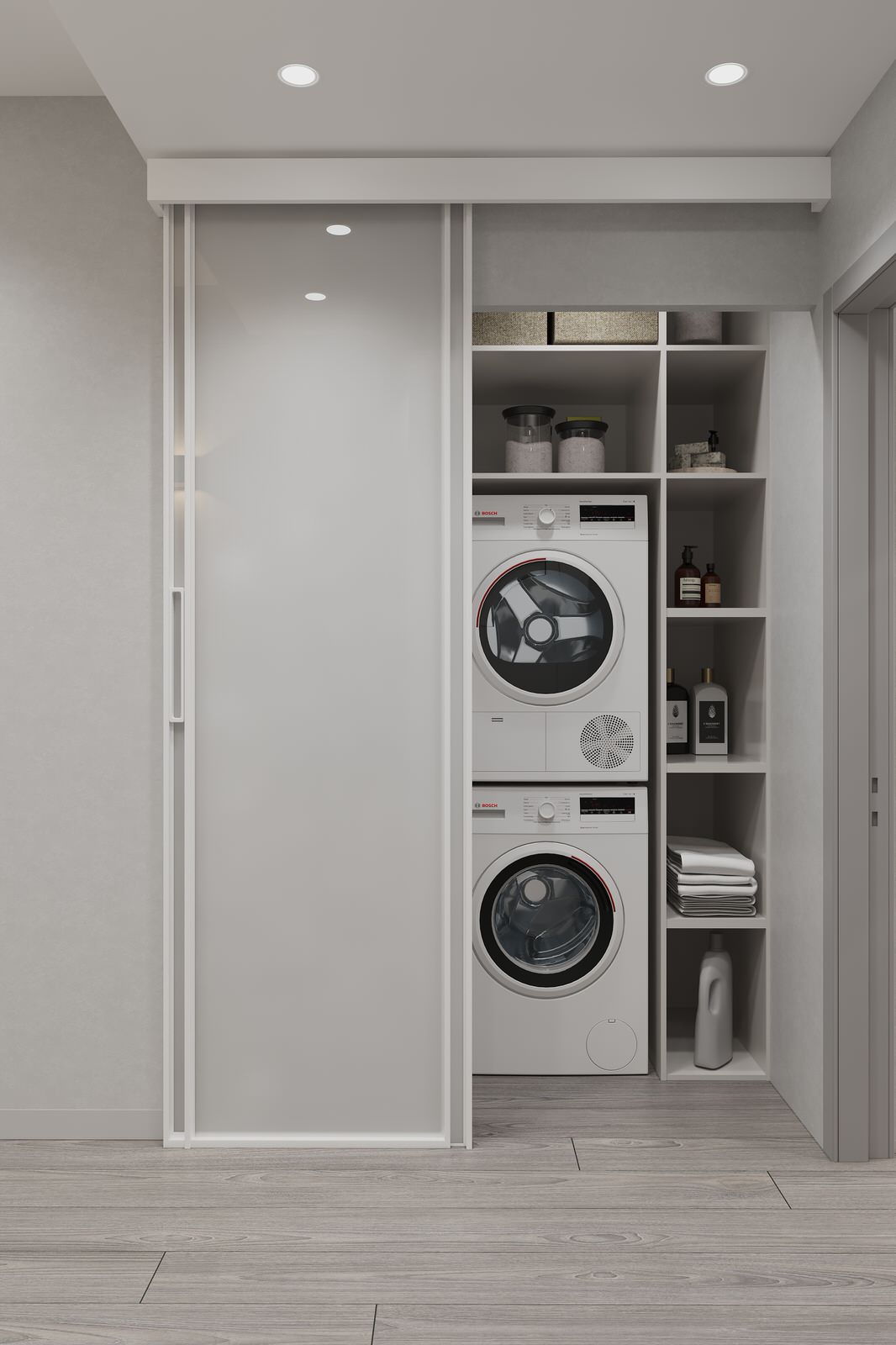 Прачечная в прихожей за дверями купе