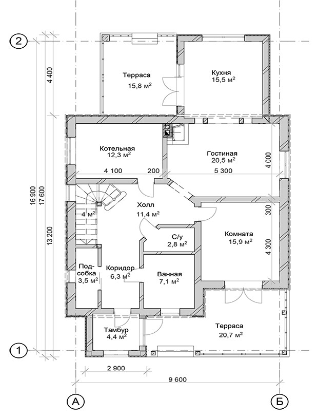 Проект двухэтажного дома с террасой, балконом, крыльцом и тамбуром