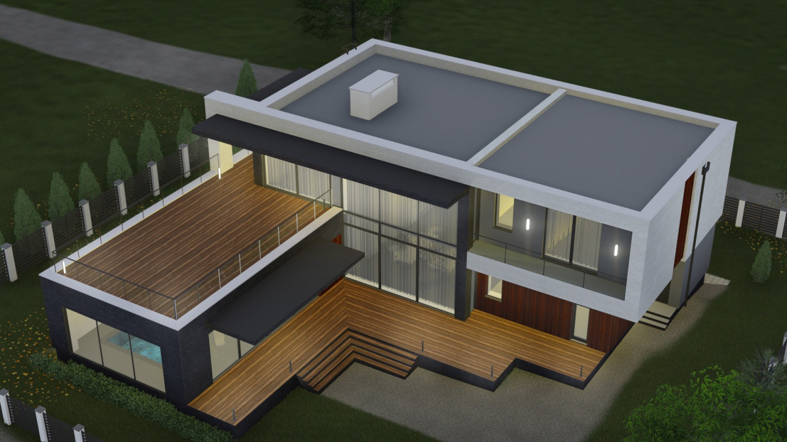 Проект двухэтажного дома в современном стиле, с плоской эксплуатируемой крышей