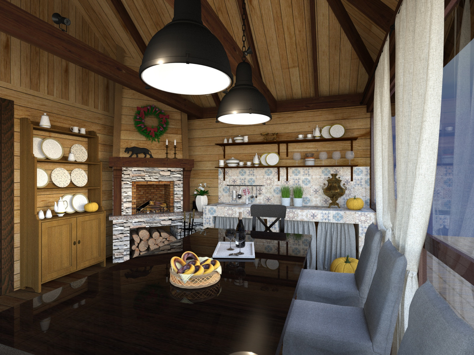 Интерьер бани в стиле кантри,комната отдыха