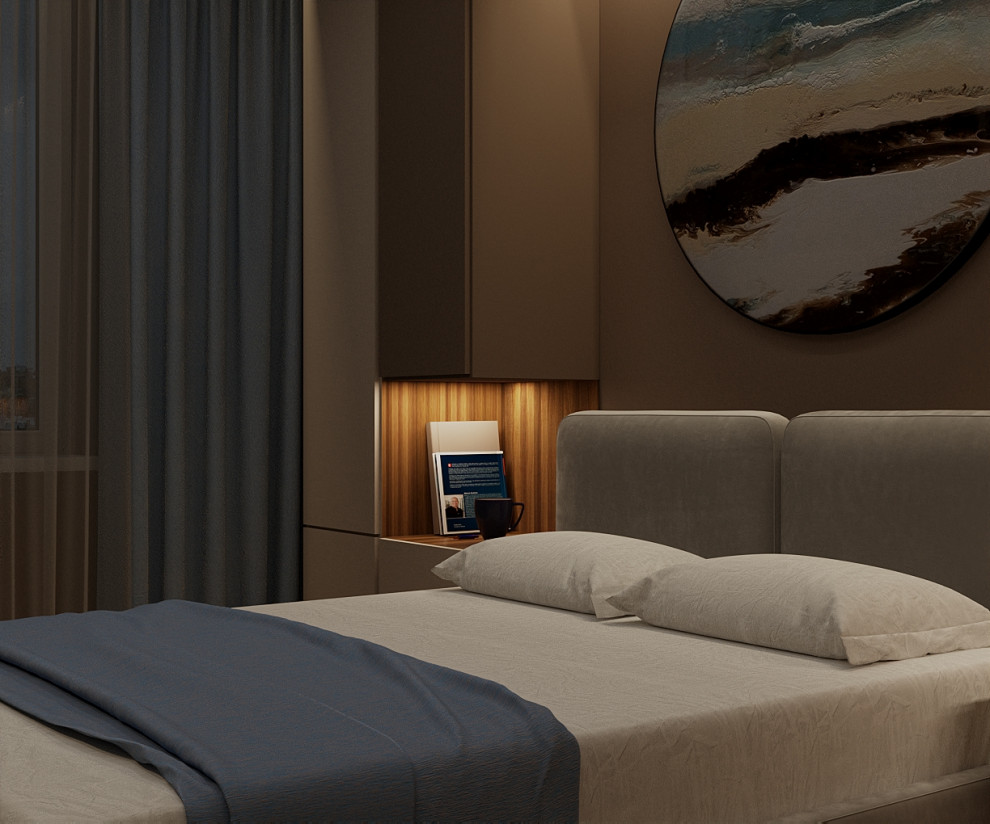 Спальня с атмосферой отеля на побережье.