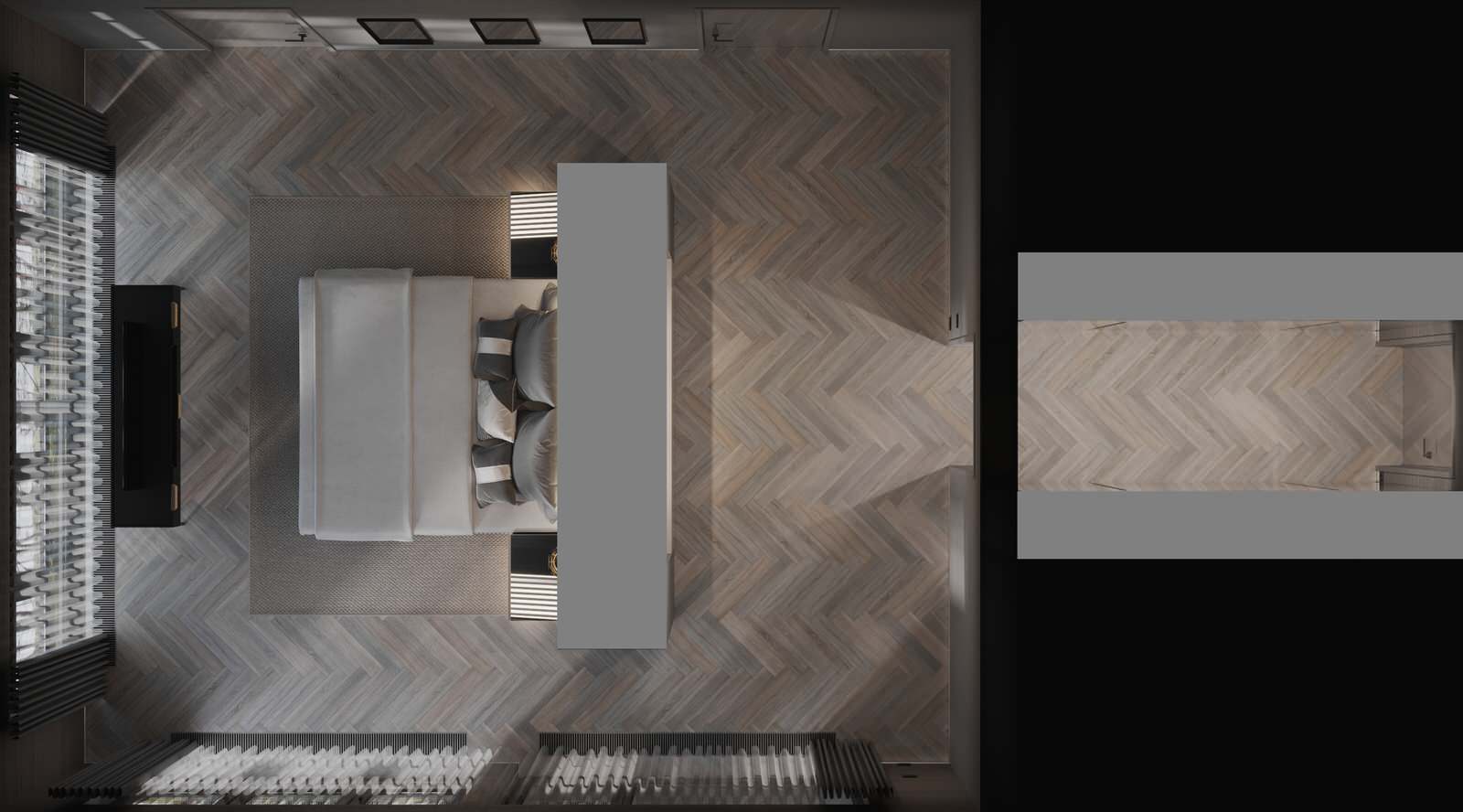 3d-визуализация плана мастер спальни в проекте загородного дома