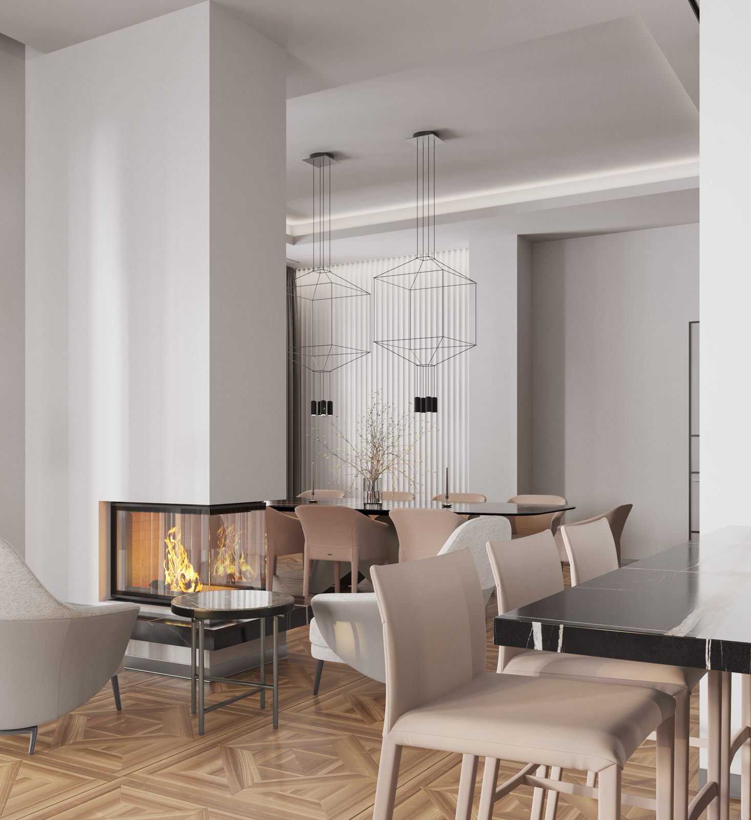 ВИЗУАЛИЗАЦИЯ ГОСТИНОЙ С КАМИНОМ ДЛЯ ПРОЕКТА ЧАСТНОГО ДОМА