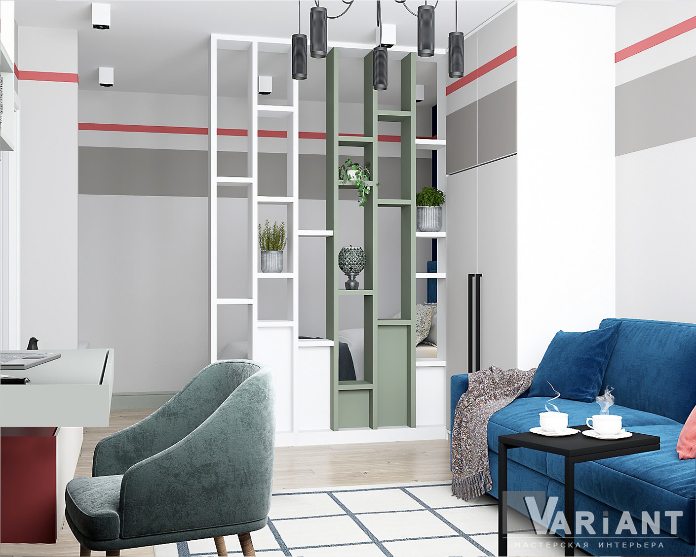 Гостиная с синим диваном и кроватью