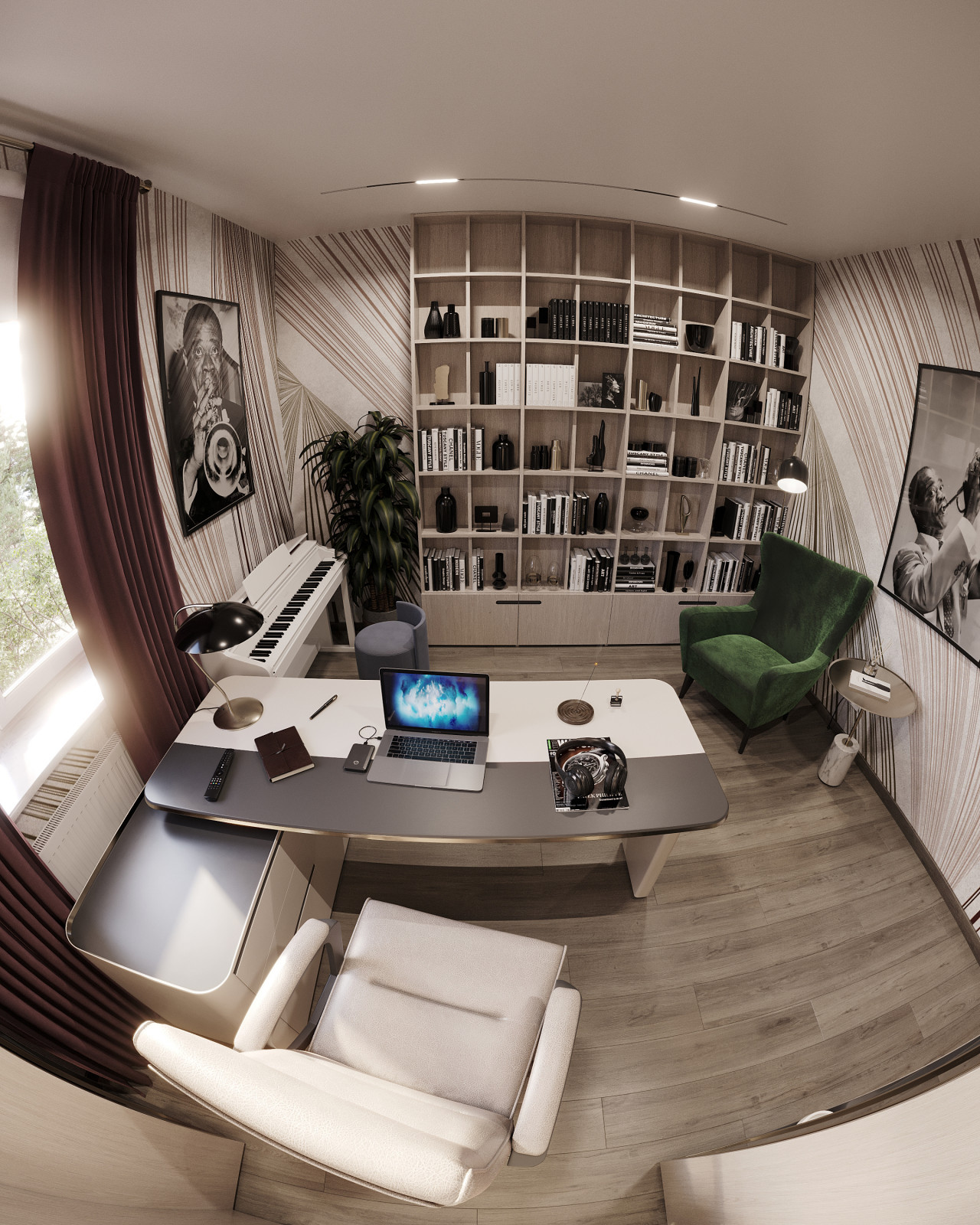 Дизайн и 3д-визуализация кабинета в загородном доме. Вариант 1.