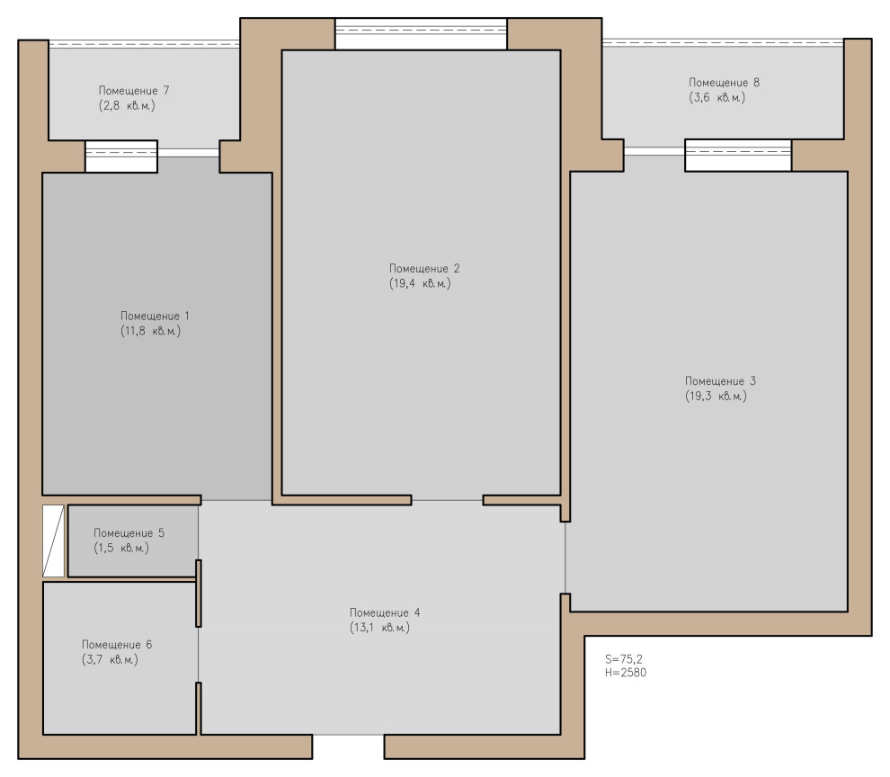 Проект двухкомнатной квартиры в Воронеже  Площадь: 75,2 м2.
