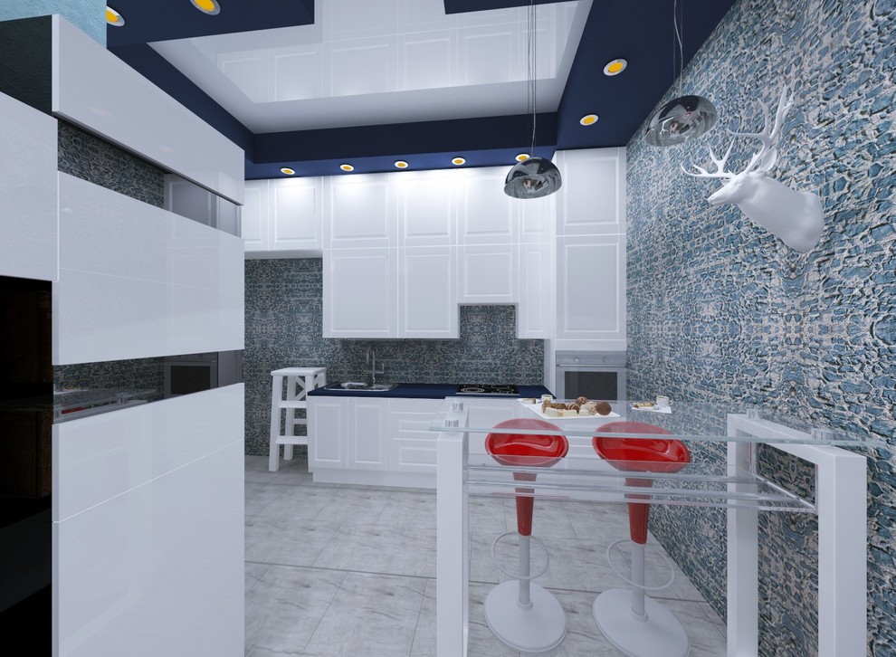 Дизайн кухни-гостиной в голубом цвете