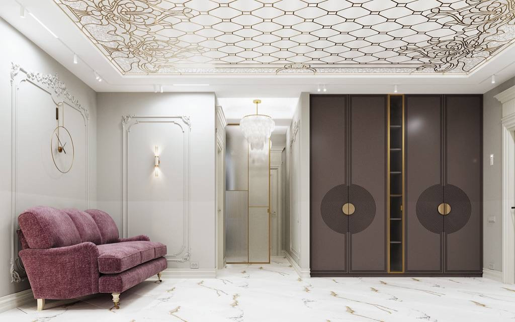 Прихожая. Входная дверь справа. Стеклянная перегородка отсекает приватную часть