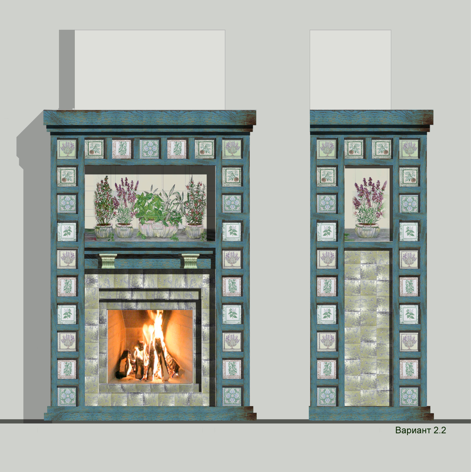 Авторский камин с облицовкой из фарфора с ручной росписью под ключ