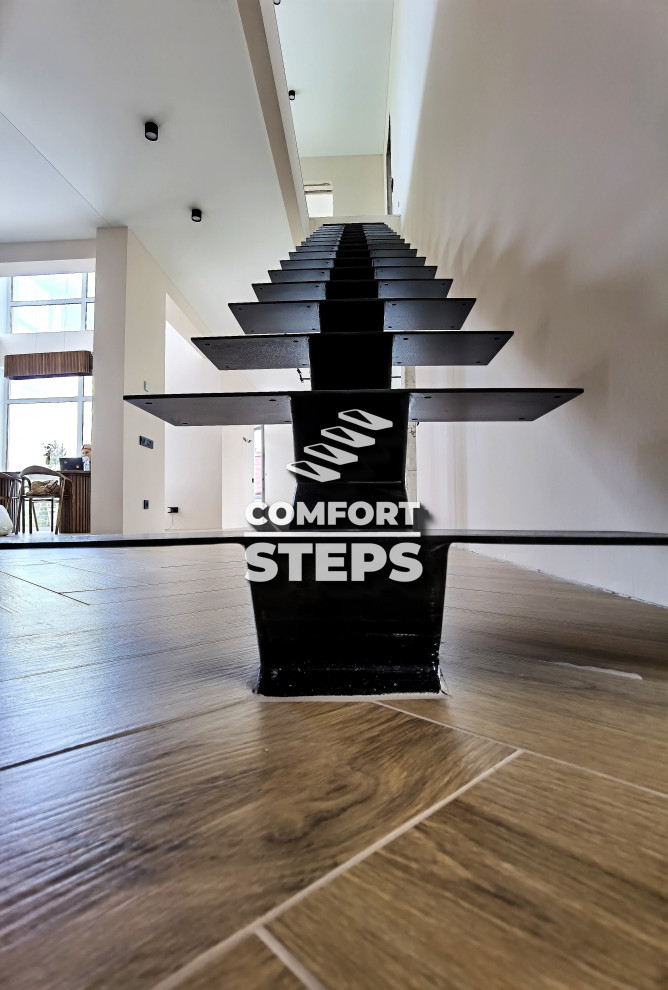 Лестница на монокосоуре со ступенями из ясеня с подсветкой