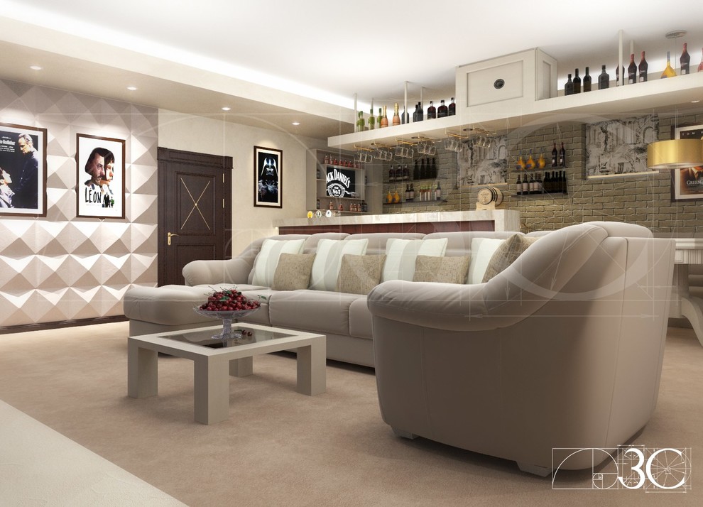 Домашний кинотеатр с баром в светлых тонах
