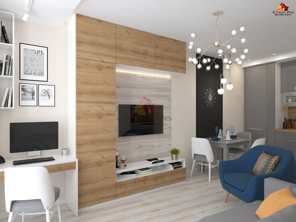 Дизайн однокомнатной квартиры, современный стиль с элементами скандинавского.
