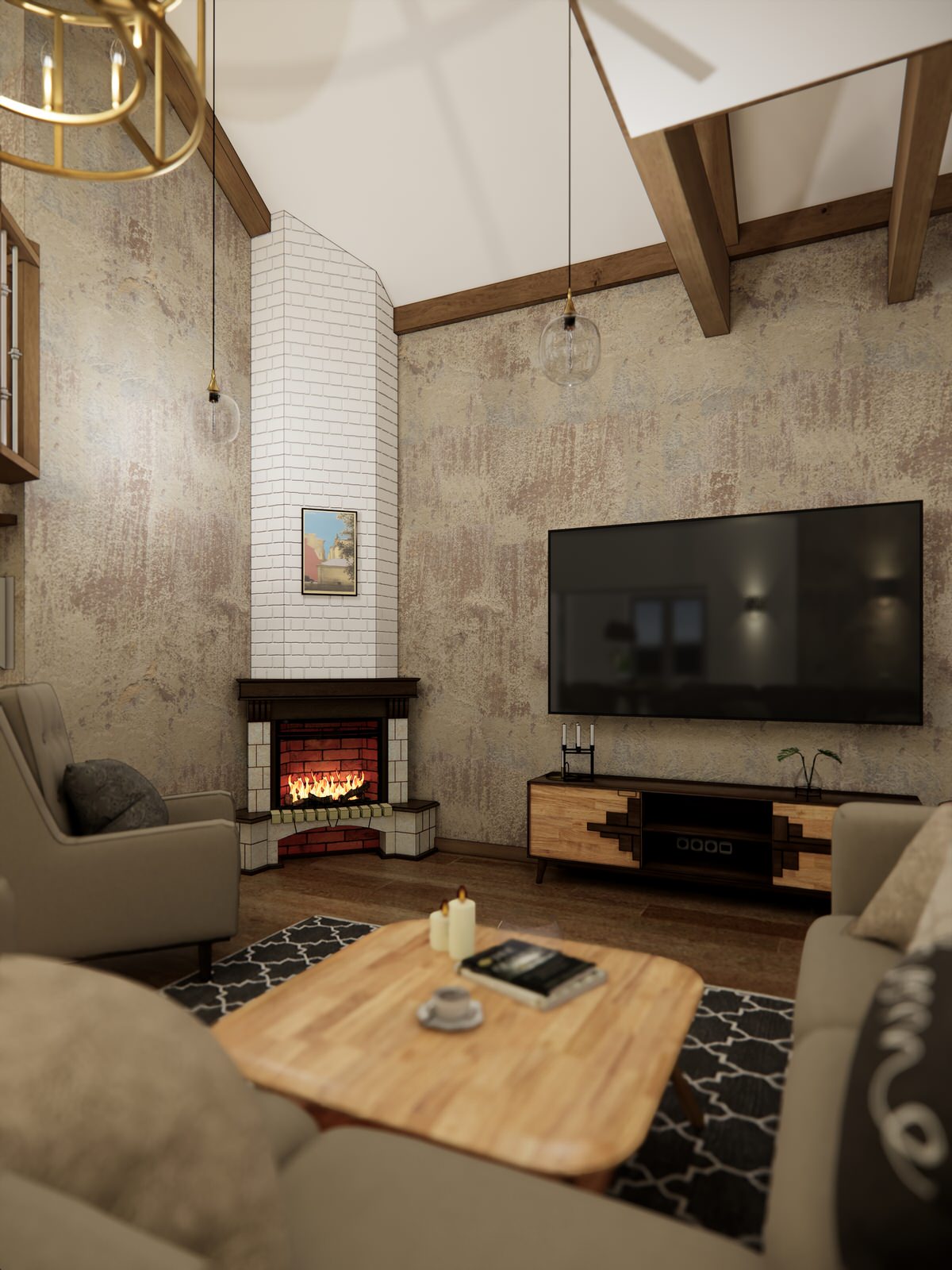 Дом в немецком стиле: кухня и гостиная с камином и лестницей