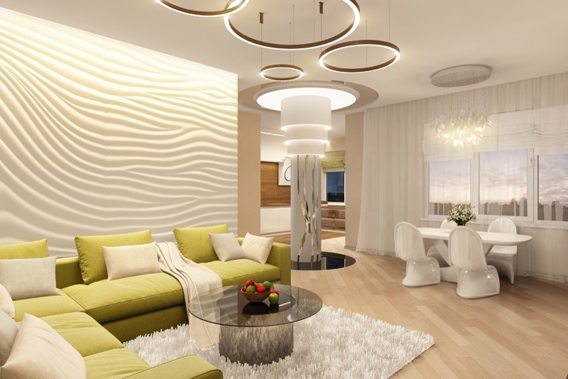 Обложка проекта: Гостиная с камином и круглой колонной