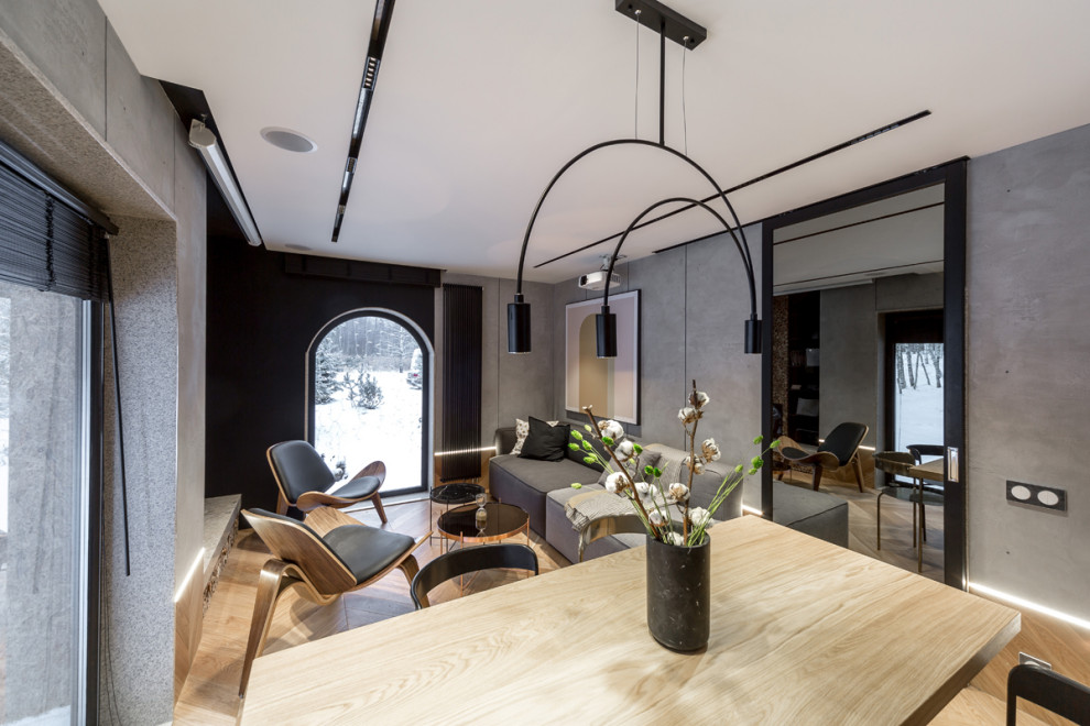 Глянцевая кухня с бетонной стеной