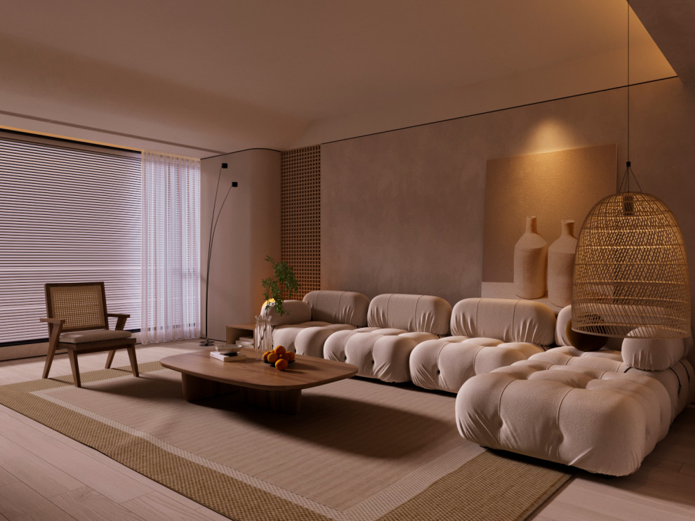 кухня-гостиная в тёплом стиле.