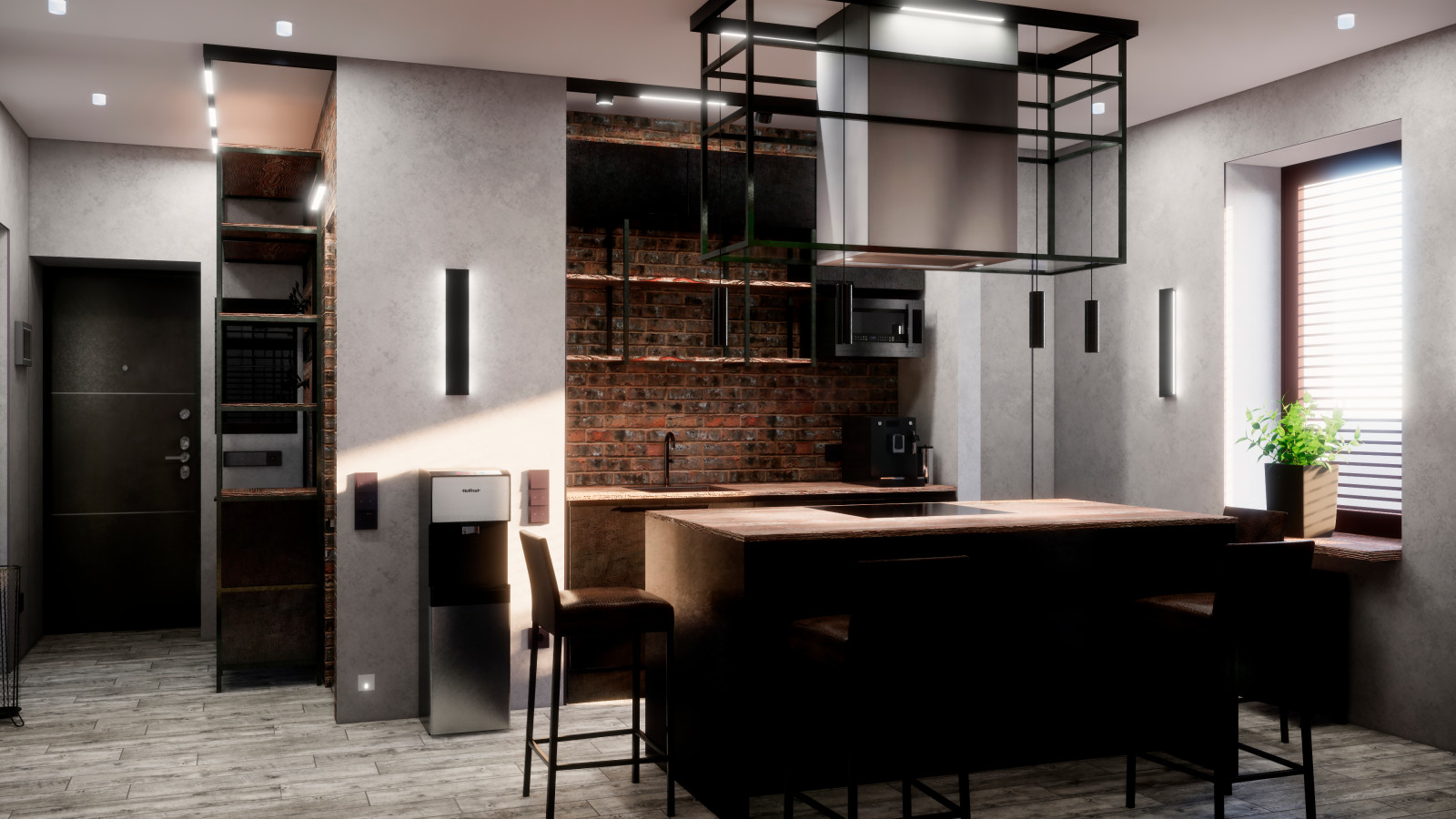 Квартира в Москве в стиле лофт, кухня, холл, санузел, кладовая. 2020 г.